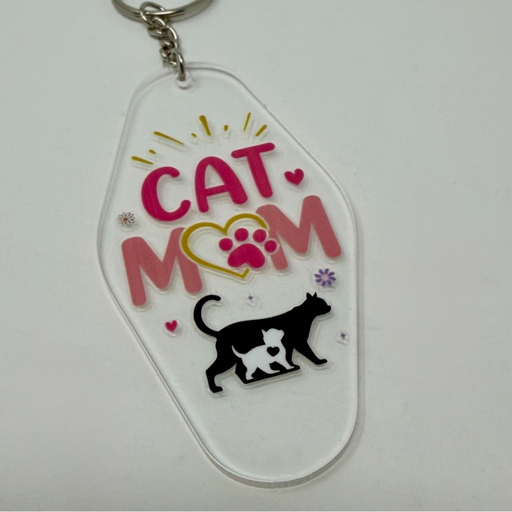 Clear Pink Black Acrylic Cat Mom Key Chain Animal Print Novelty Accent for Women